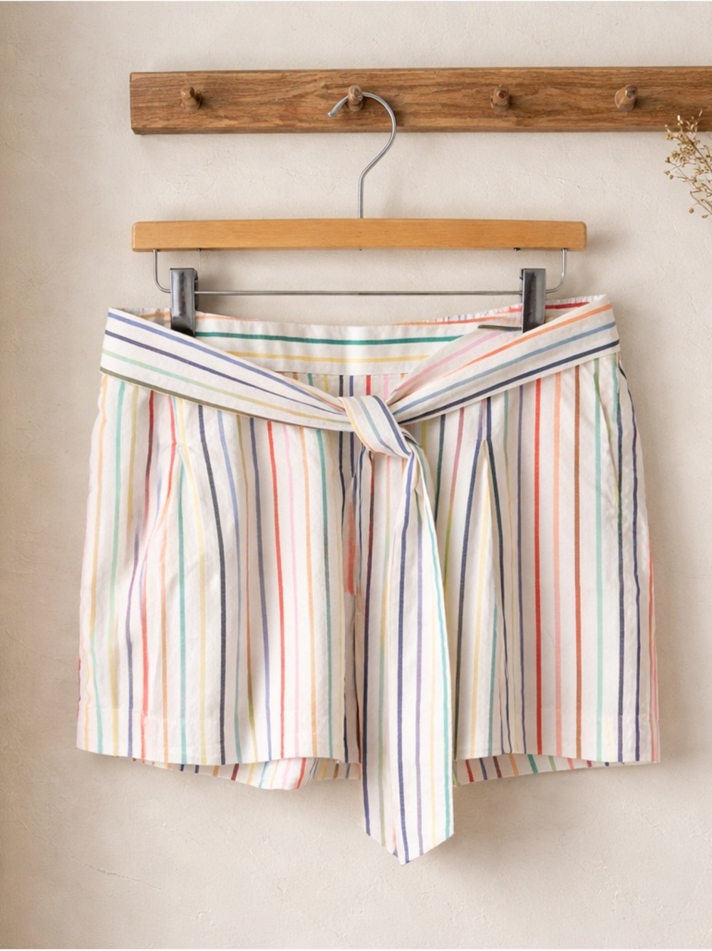 J. Crew High-Waist Tie-Belt Striped Shorts — White with Pastel Stripes